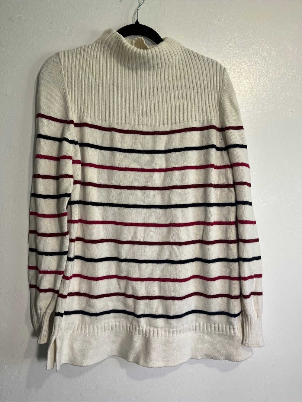 Barbour Cream Mock-Neck Sweater with Navy and Burgundy Stripes